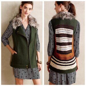 Anthropologie Elevenses Salt Creek Crochet Back Wool Blend Faux Fur Collar Vest